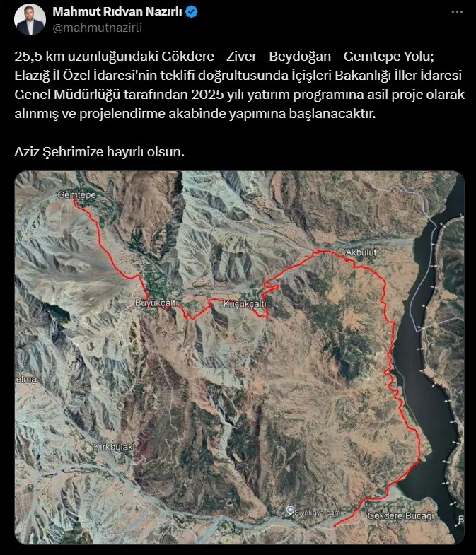 Elazığ’da 25,5 KM’lik Yol Projesi Yatırım Programına Alındı